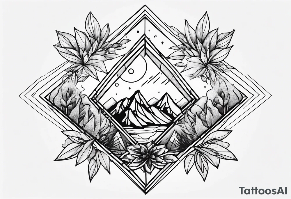 thick line art of space and nature in diamond shape tattoo idea