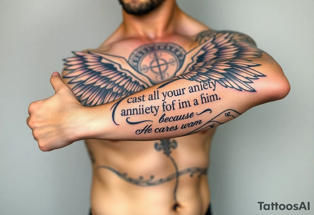cast all your anxiety on him because he cares for you" with angels tattoo idea