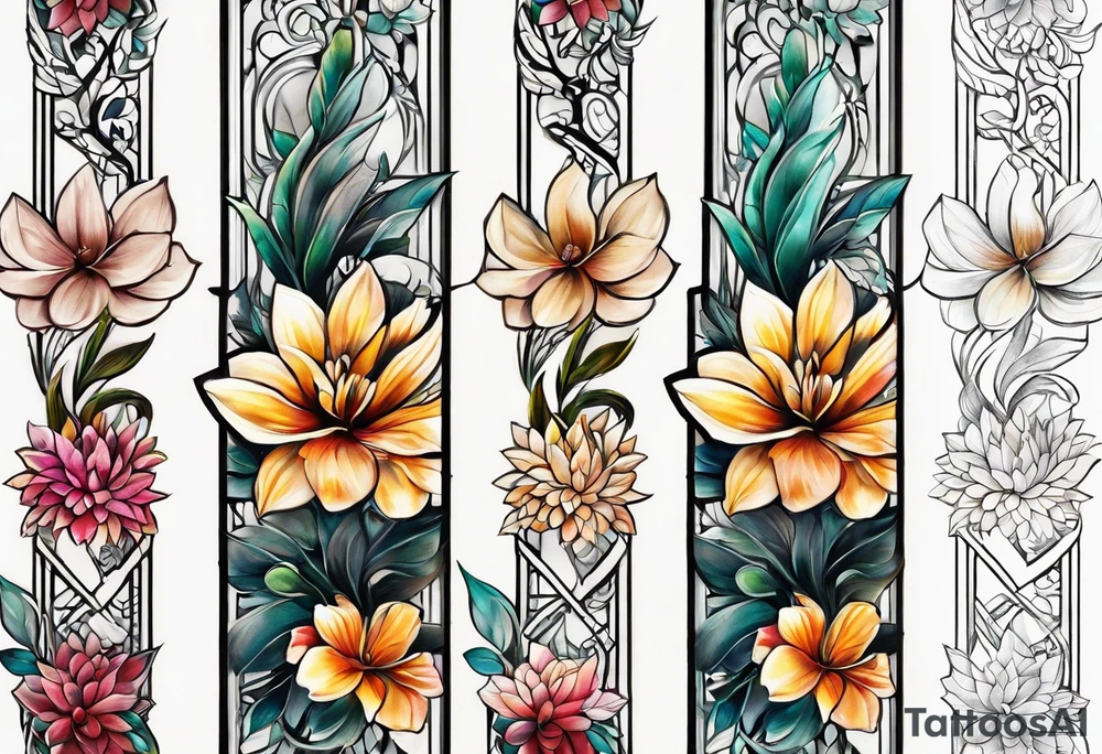 long vertical tattoo to cover my whole shin showing two separate flower stems wrapped around each other, I want a long stem to shower them intertwined tattoo idea