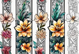 long vertical tattoo to cover my whole shin showing two separate flower stems wrapped around each other, I want a long stem to shower them intertwined tattoo idea