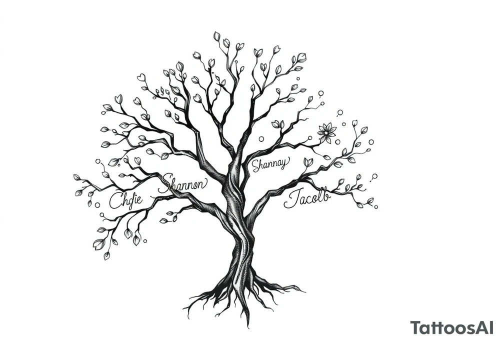 family tree tattoo with names sophie, chloe, shannon, hannah, hunter, jacob and declyn tattoo idea