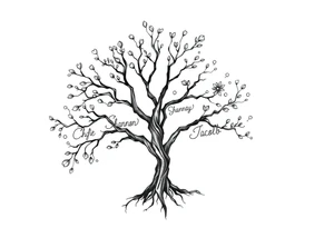 family tree tattoo with names sophie, chloe, shannon, hannah, hunter, jacob and declyn tattoo idea