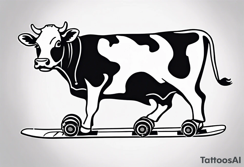 Create a minimalist and dynamic black and white tattoo design featuring a cheerful cow engaged in a snowboarding activity, wearing goggles. Emphasize clean lines and essential details to capture the playful spirit of the scene. The cow should be depicted confidently snowboarding down a snowy slope, with a sense of balance and joy, and wearing stylish goggles. Pay attention to the composition, ensuring that the tattoo design is suitable for a small to medium-sized space. The goal is to convey a lighthearted and whimsical vibe with the addition of the goggles, making the design visually appealing and suitable for tattooing. tattoo idea