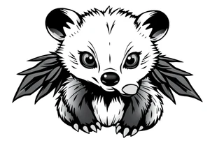 Cute cartoon opossum with anime style eyes, sitting facing forward tattoo idea