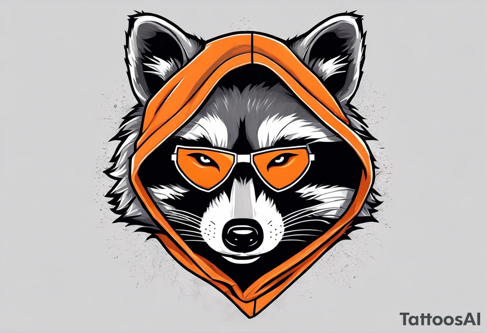 Raccoon wearing an orange Superman hoodie tattoo idea