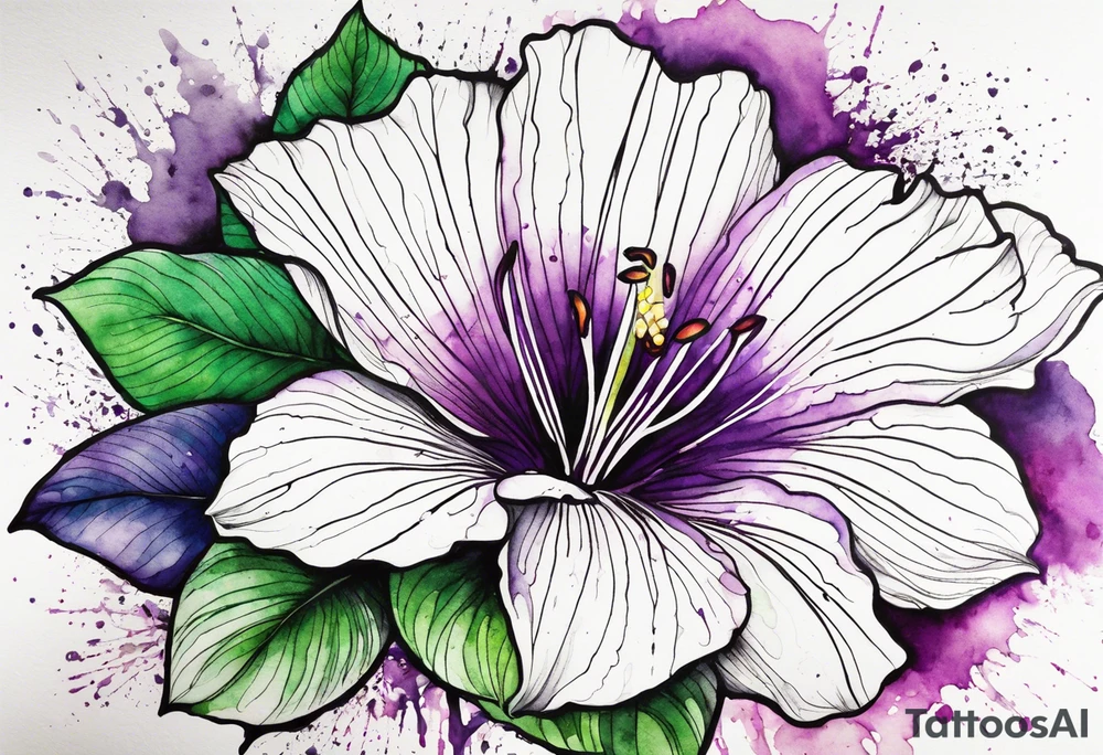An outline of a rio dipladenia flower with a green and purple watercolor blotch splatter in the background tattoo idea