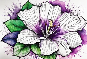 An outline of a rio dipladenia flower with a green and purple watercolor blotch splatter in the background tattoo idea