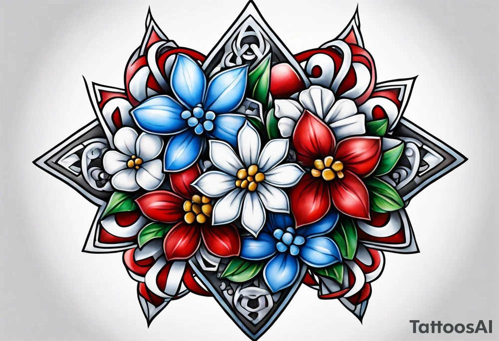 Small tattoo of a forget me knot flower, a red star, and a snowflake tattoo idea