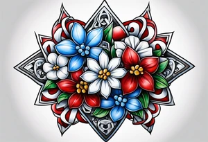Small tattoo of a forget me knot flower, a red star, and a snowflake tattoo idea