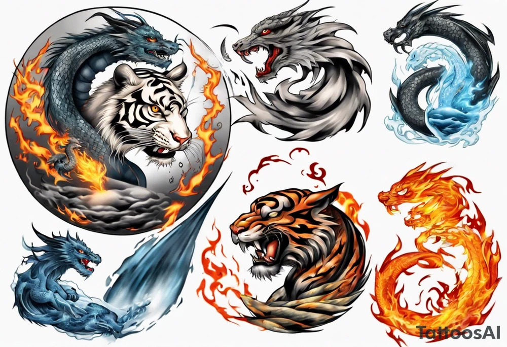 Ying Yang with dragon and tiger surrounding it and fire and water tattoo idea