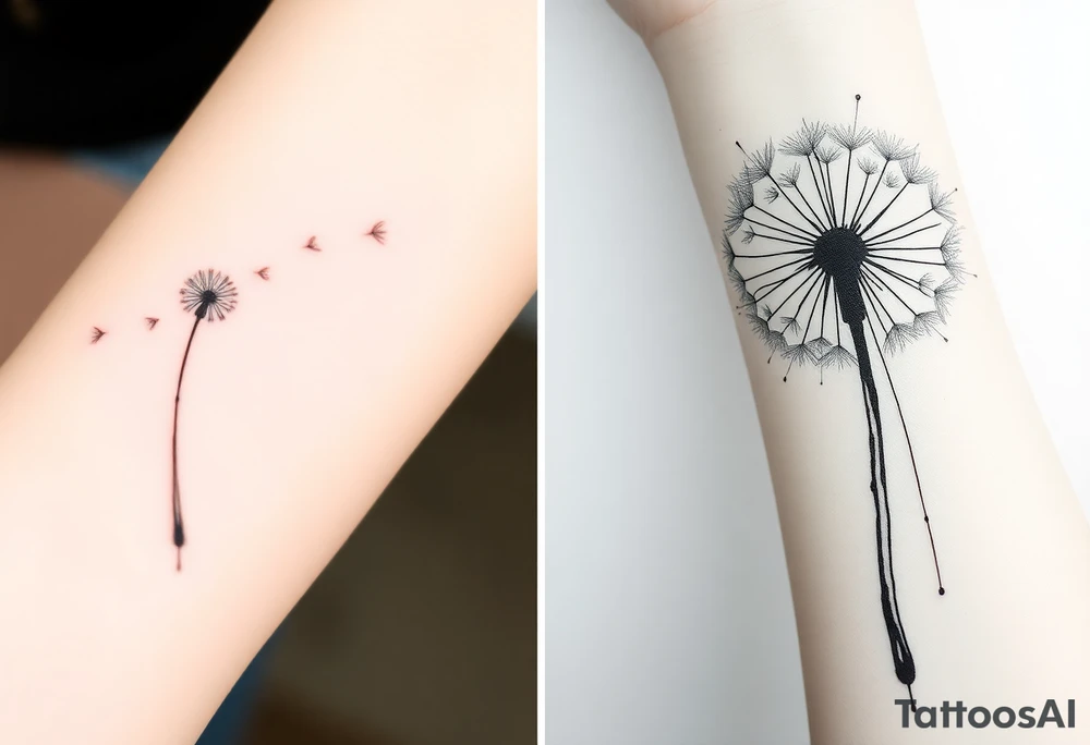 The first image shows a delicate dandelion tattoo on a person’s skin, with seeds blowing away. The tattoo has a fine-line style with subtle shading and a soft pink hue around the base, giving it a watercolor effect. The design is minimalistic and elegant, emphasizing movement as the seeds float away.

The second image is an artistic black-and-white dandelion drawing with an abstract watercolor effect. The dandelion’s seeds are dispersing, and the ink appears to be dripping down, creating a dynamic and fluid look. The shading and splatter effect add depth and texture to the design, making it appear soft yet striking.

Both images capture the symbolic nature of dandelions—representing freedom, transformation, and the passage of time—with different artistic approaches. tattoo idea