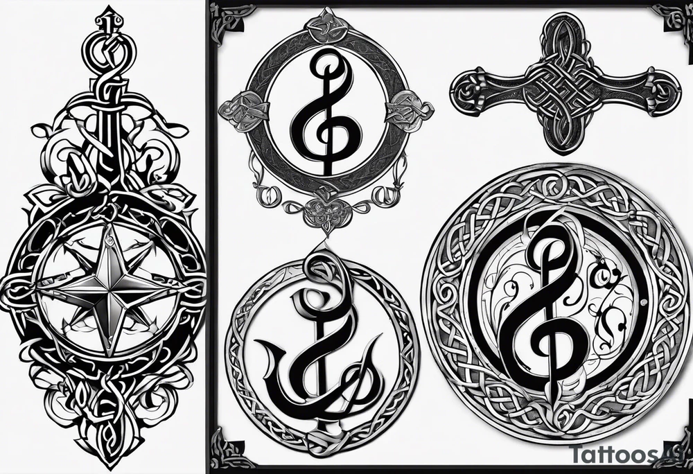 Celtic styling, anchor, compass, bass clef note, treble clef note, dog paw print, half sleeve, forearm tattoo idea
