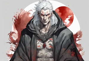 a gaunt man with white hair, grey eyes, and a black cloak standing beside a massive grey wolf with red eyes tattoo idea