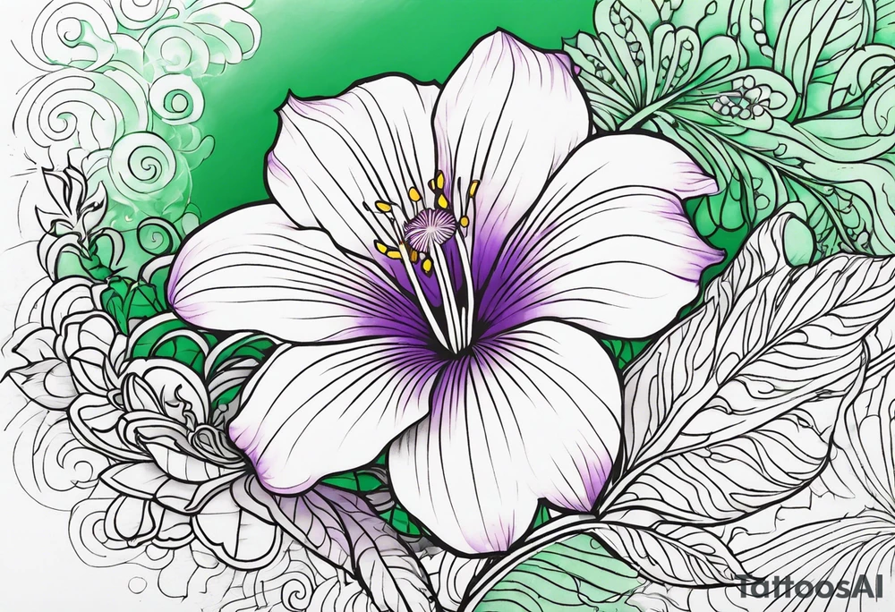 An outline of a rio dipladenia flower with a green and purple background tattoo idea
