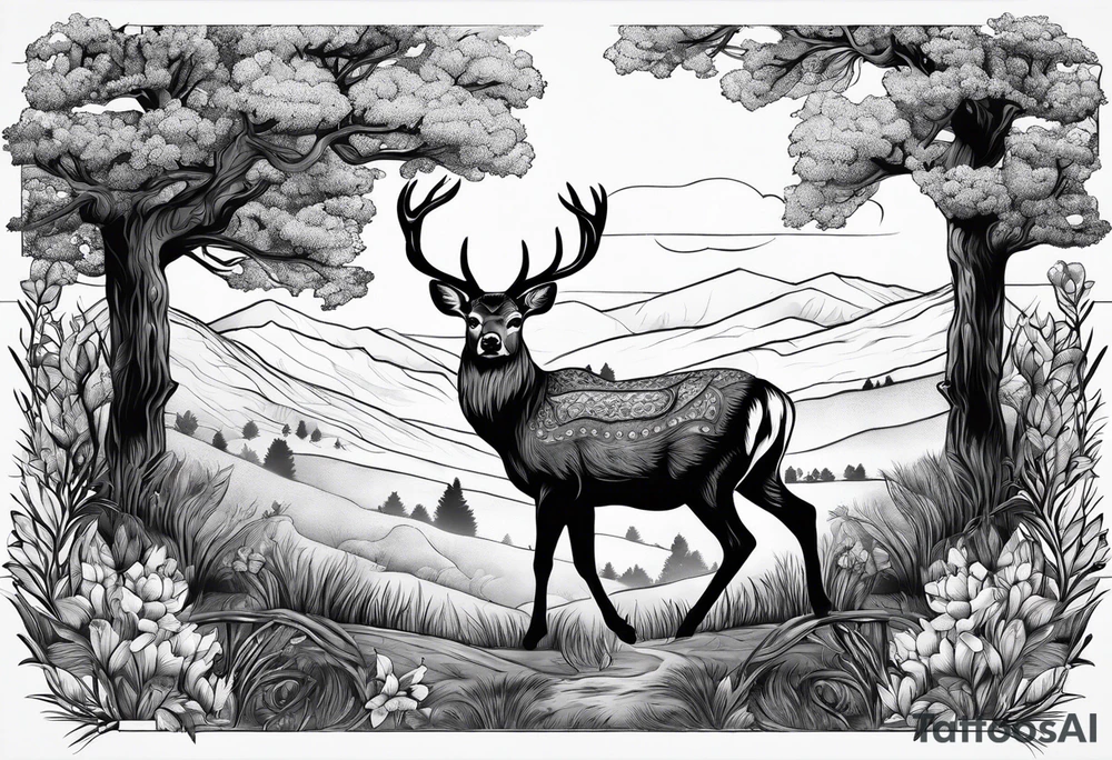 Country scene with deer tattoo idea