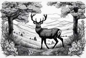 Country scene with deer tattoo idea