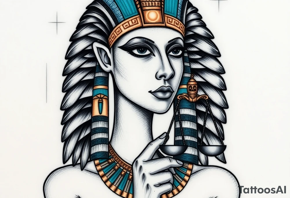 Super realistic tattoo design of the Egyptian goddess Ma’at, depicted as a serene and regal woman with an elegant ostrich feather on her head symbolizing truth and balance, wearing traditional ancient Egyptian attire with intricate gold and turquoise jewelry, holding scales of justice in one hand. The design features detailed facial features with soft natural lighting, realistic skin texture, and subtle shading to emphasize depth and dimension. Background elements include faint hieroglyphics and cosmic symbols representing order and harmony. Style: hyper-realistic, high detail, focused on symbolism and spiritual essence, suitable for upper arm or chest tattoo. tattoo idea