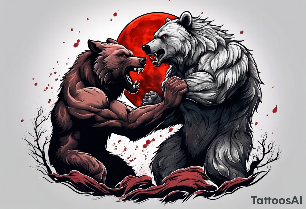 Muscular werewolf and muscular bear fighting under a blood moon tattoo idea