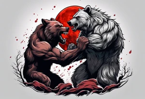 Muscular werewolf and muscular bear fighting under a blood moon tattoo idea