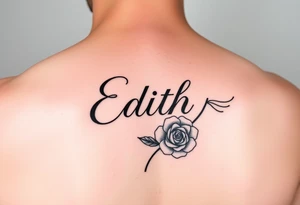 Edith tattoo with a cursive e with a rose half-sleeve tattoo idea