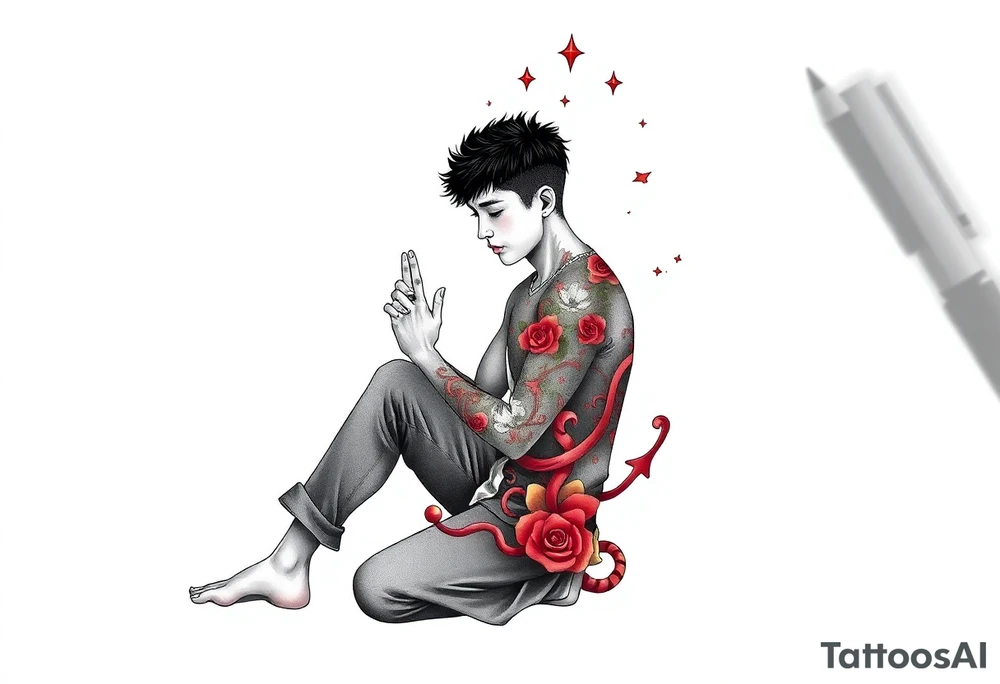 Handsome Asian young guy is standing on his knees apologising tattoo idea