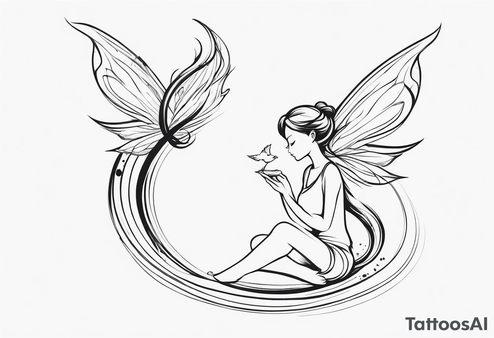 Minimalistic, monochromatic fairy with a tail flying to the left in a fetal position, leaning and looking in the same direction, with visible hands, embodying the 'Fairy Tail' logo aesthetic. tattoo idea
