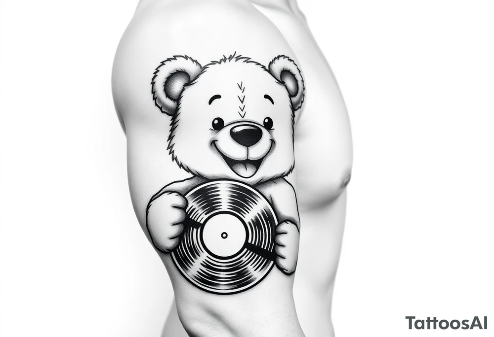 realistic smiling cartoon teddy bear holding a vinyl record tattoo idea