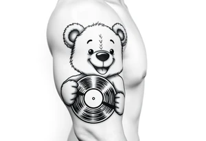 realistic smiling cartoon teddy bear holding a vinyl record tattoo idea