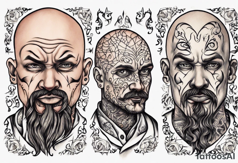 bald heartbroken man closeup van dyke goatee tattoo idea