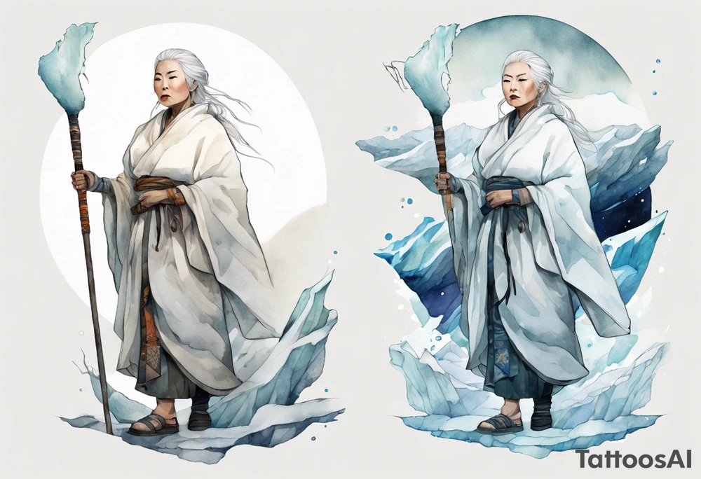 a 40 year old Inuit woman with white hair and a white robe holding a white bo staff, standing on an iceberg tattoo idea