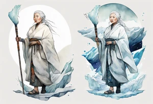 a 40 year old Inuit woman with white hair and a white robe holding a white bo staff, standing on an iceberg tattoo idea