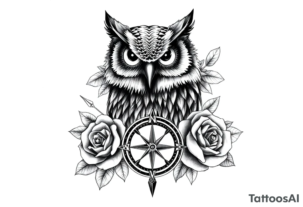 an owl,compass,roses, tattoo idea