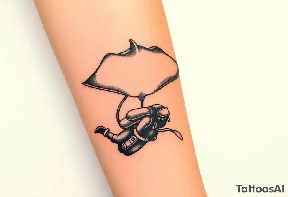 Manta ray silhouette above, scuba diver underneath, water backround tattoo idea