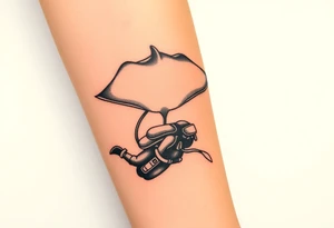 Manta ray silhouette above, scuba diver underneath, water backround tattoo idea