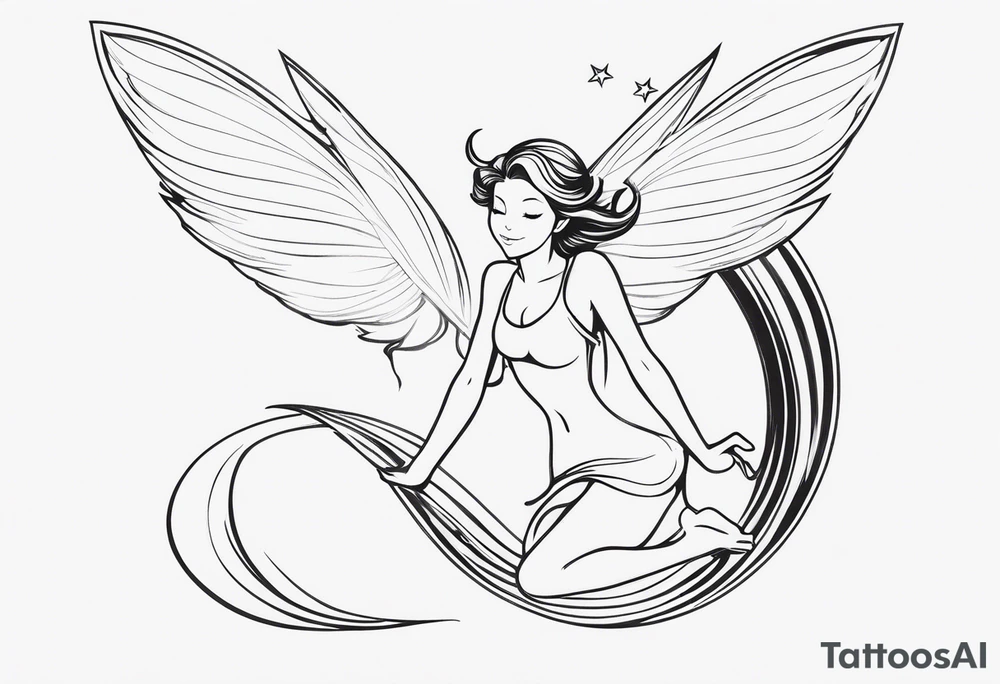 Minimalistic, monochromatic fairy with a tail flying to the left in a fetal position, leaning and looking in the same direction, with visible hands, embodying the 'Fairy Tail' logo aesthetic. tattoo idea