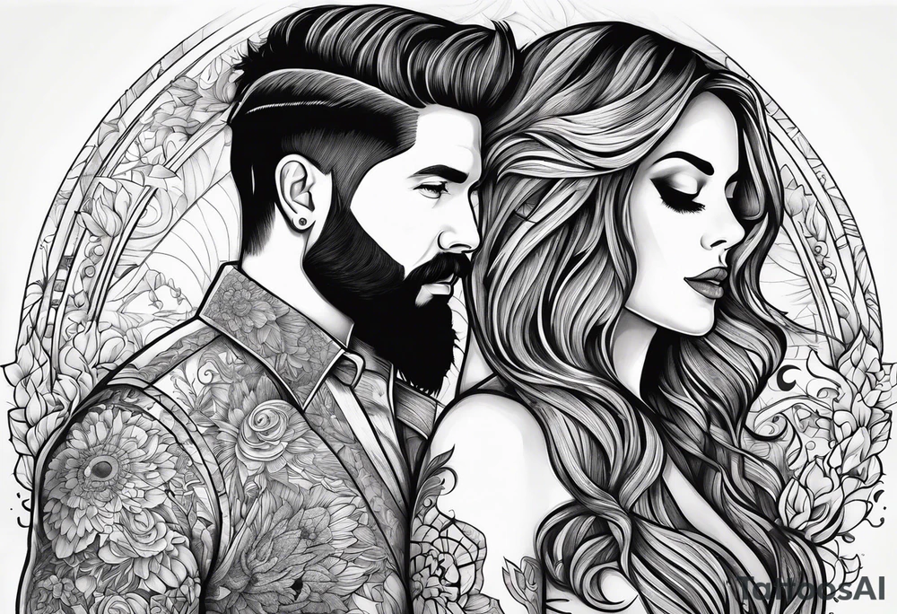 Busty Red haired woman with black haired bearded man tattoo idea