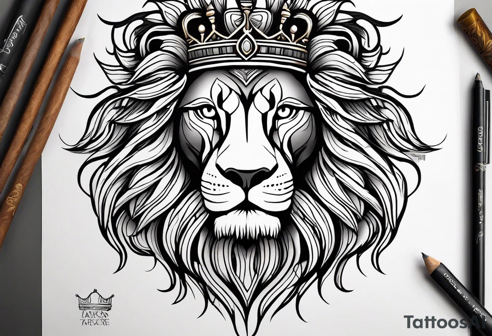 lion's face with a crown, two horizontal black stripes flanking the lion on either side, The overall style is bold and tribal-inspired, with clear, defined lines. tattoo idea