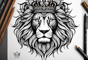 lion's face with a crown, two horizontal black stripes flanking the lion on either side, The overall style is bold and tribal-inspired, with clear, defined lines. tattoo idea