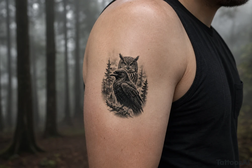 Detailed raven and owl in a dense, foggy forest, photorealistic style. tattoo idea