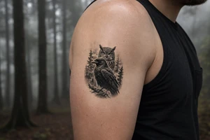 Detailed raven and owl in a dense, foggy forest, photorealistic style. tattoo idea