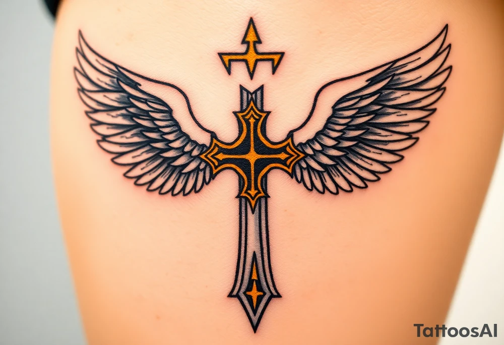 A white and gold Templar cross with angel wings, glowing with divine light tattoo idea