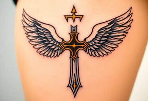 A white and gold Templar cross with angel wings, glowing with divine light tattoo idea