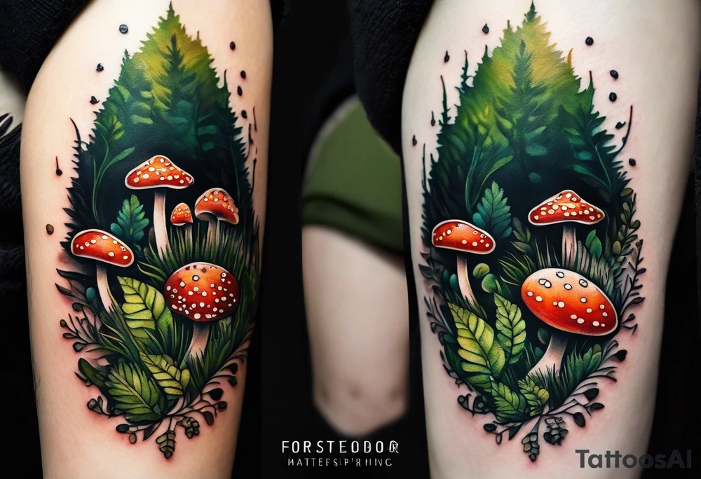 minimalistic forest floor inspired tattoo, which includes grass, moss, curly ferns and dead leaves as the bulk of the tattoo. details to include: forest berries, couple of very small brown mushrooms, a tiny bumblebee flying nearby tattoo idea