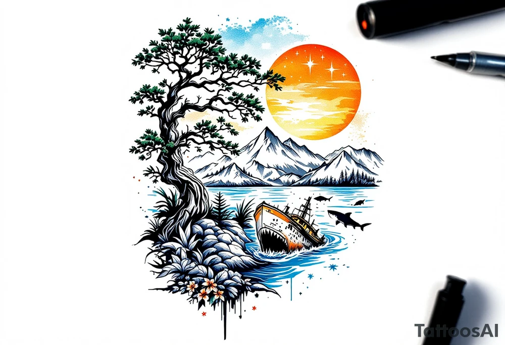 tattoo that has an acacia tree with forest mountains, ocean with a ship wreck with sharks and the bright northern star tattoo idea