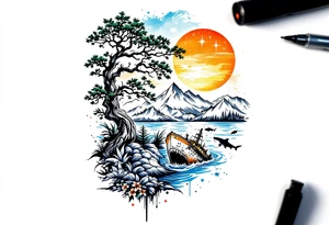 tattoo that has an acacia tree with forest mountains, ocean with a ship wreck with sharks and the bright northern star tattoo idea