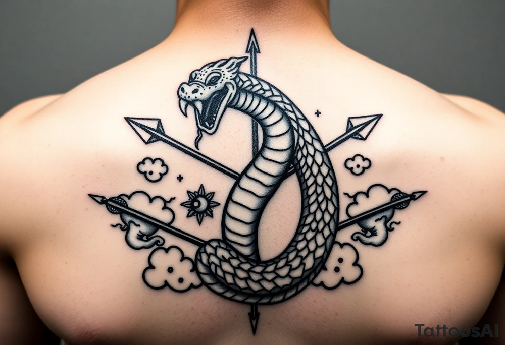 snake with bow and arrow with dragon around chest and have clouds as background
, tattoo idea