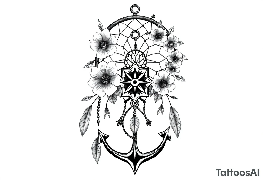 Boho dream catcher with compass and anchor Beautiful flowers and an ornamental chandelier like look tattoo idea