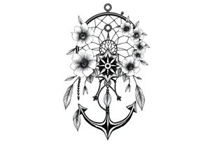 Boho dream catcher with compass and anchor Beautiful flowers and an ornamental chandelier like look tattoo idea