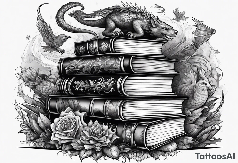 Stack of books surrounded by fantasy creatures tattoo idea