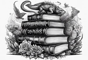 Stack of books surrounded by fantasy creatures tattoo idea